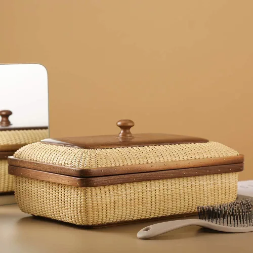 Vista 12 de Nantucket - Cesta de ratán y madera maciza, decoración del hogar para sala de estar, cesta de almacenamiento moderna, caja de joyería cuadrada Kit