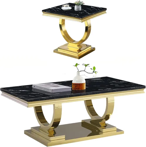 Vista 23 de Juego de 2 mesas de café de mármol, juego de mesa de sala de estar de 2 piezas que incluye 1 mesa auxiliar y 1 mesa auxiliar, moderna mesa de centro