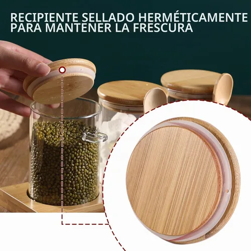 Vista 8 de Recipiente de Vidrio para Almacenamiento de Especias con Cuchara, 3 Frascos Herméticos de 20oz para Condimentos con Bandeja, Juego de Recipientes