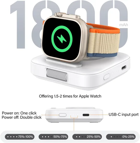 Vista 4 de SwanScout Cargador de reloj para Apple, cargador portátil de 1800 mAh para Apple Watch Ultra 2/1, Series 9/SE/8/7/6/5, plegable, para viajes (blanco)