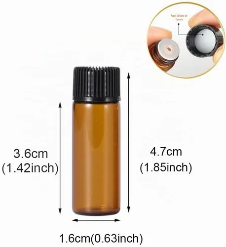Vista 3 de 10 botellas de vidrio ámbar de 0.17 onzas líquidas con reductor de orificio y tapa de rosca para aceite esencial, perfume, líquido, viales