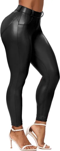 Vista 7 de Pantalones de cuero para mujer, leggings de piel sintética, sexy, color negro y rojo, mallas ajustadas para uso casual