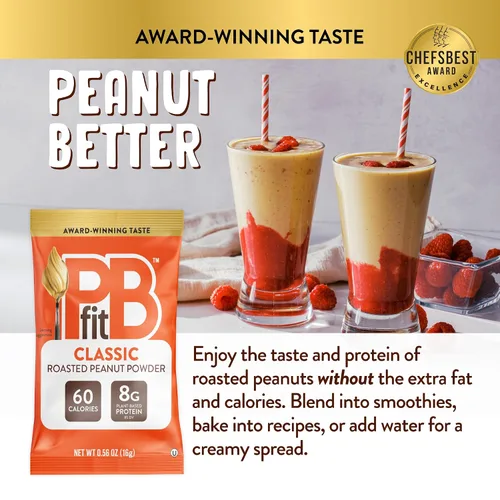 Vista 4 de PBfit Paquetes de Polvo de Mantequilla de Maní Clásico, Crema de Maní en Polvo de Maní Real Asado y Prensado, 8g de proteína 8% DV por paquete, 0.56