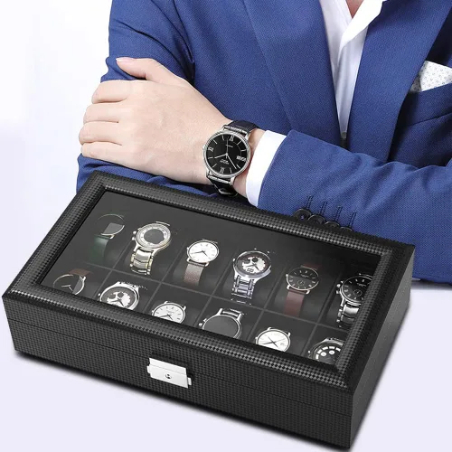 Vista 2 de anyasun Organizador de reloj para hombre, caja de reloj de 12 ranuras para mujer con tapa de vidrio grande, soporte para reloj con almohadas
