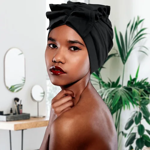 Vista 8 de Babalet Turbante elástico africano doble capa sombreros suaves pre-atados capó envoltura para el cabello con volantes turbantes para mujeres negras