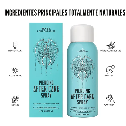 Vista 2 de BASE LABORATORIES Spray de cuidado posterior de piercings de 4 onzas Spray salino para piercings Spray limpiador de piercing de oreja Solución