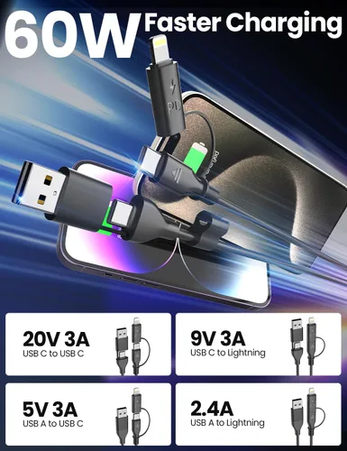 Vista 6 de Paquete de 2 cables USB-C y Lightning en espiral 2 en 1, cable de carga para iPhone 17 16 15 de 3 pies, cable de carga rápida de 60 W para iPhone