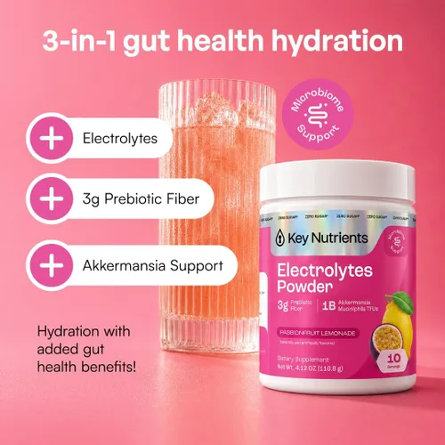 Vista 2 de KEY NUTRIENTS Electrolitos en polvo sin azúcar, limonada de maracuyá con 6 electrolitos y minerales, fibra prebiótica y polvos de hidratación