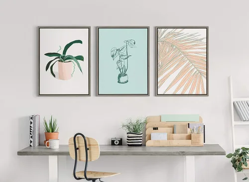 Vista 2 de Kate and Laurel Sylvie Palms - Lienzo enmarcado para pared, diseño de palmeras por Alicia Schultz, 18 x 24 pulgadas, gris, arte tropical playero