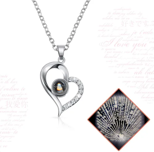 Vista 2 de Hicarer Collar con dije de corazón de proyección en 100 idiomas con rosa roja, caja de almacenamiento de joyas, regalos para mamá, mamá, día