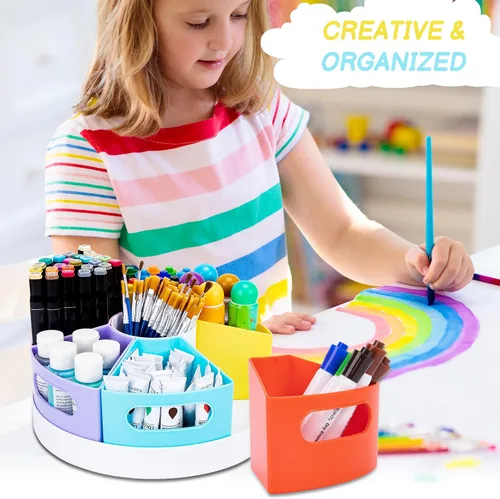 Vista 3 de CraftGenes Organizador de Suministros de Arte, Portálápices Extra Grande de 360° con 7 Compartimentos Removibles para Niños, Organizador