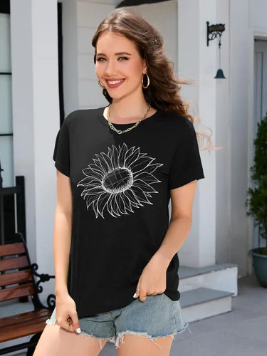 Vista 6 de DEARCASE Camiseta de otoño para mujer, diseño de girasol, holgada, cuello redondo, manga corta, informal, para mujer