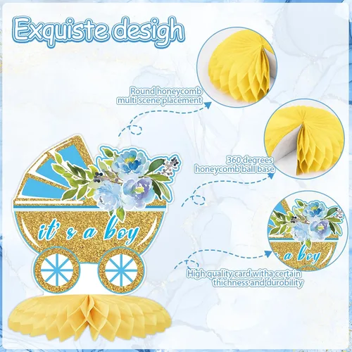 Vista 3 de Tarklanda 12 centros de mesa de nido de abeja para baby shower, decoración de fiesta para niños, diseño floral azul dorado con texto en inglés "It's