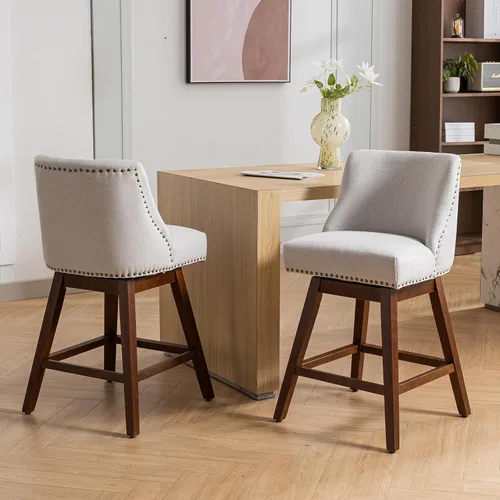Vista 4 de Juego de 2 taburetes de bar giratorios modernos, taburetes de bar de 26.6 pulgadas de altura de mostrador beige con respaldo para isla de cocina