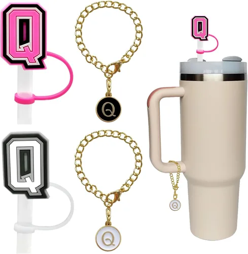 Vista 8 de Stanley - 2 fundas de popote para tazas de 30 y 40 onzas, 0.394 in de silicona con 2 dijes de letras personalizados, nombre de identificación
