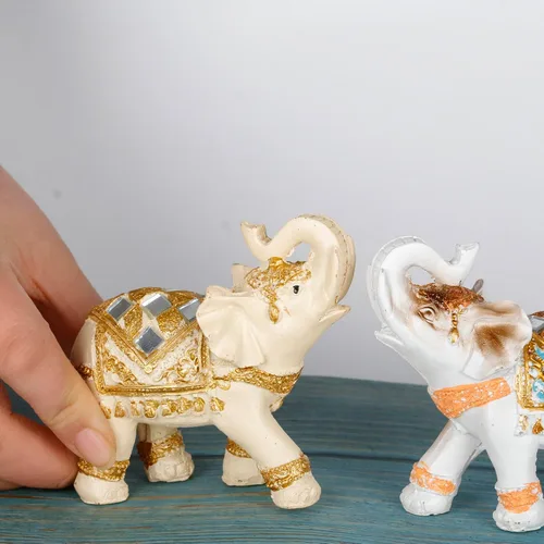 Vista 2 de Juego de 2 estatuas y figuras de elefante - Regalos de elefante de la suerte y la riqueza para decoración del hogar - Estatua con trompa hacia