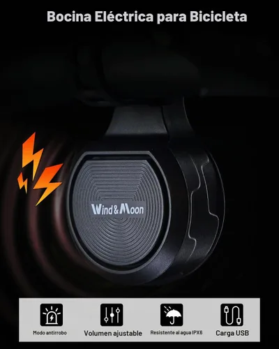 Vista 2 de Wind&Moon Timbre de bicicleta eléctrica, alarma antirrobo ajustable de 80-130 DB, IPX6 impermeable con bocina de scooter recargable USB, campana