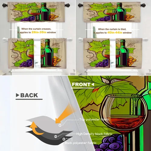 Vista 3 de Shrahala Cortinas opacas con diseño de uvas maduras de dibujos animados, copa de vino y botella, cenefa de cocina, cortinas de bloqueo de luz