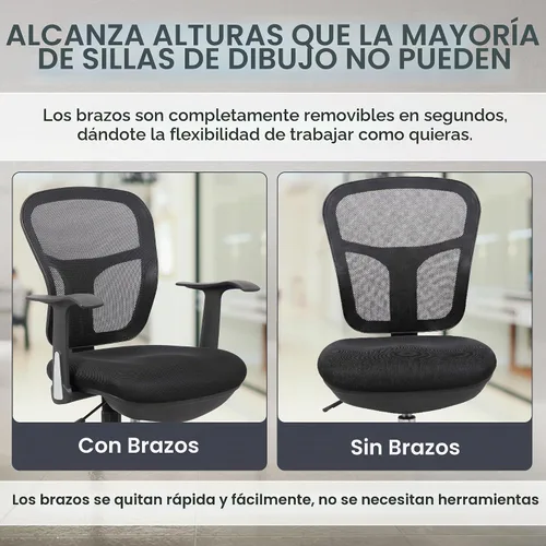 Vista 8 de Silla de dibujo con anillo para el pie, taburete de redacción con respaldo de malla, altura ajustable, brazos extraíbles silla giratoria para Negro