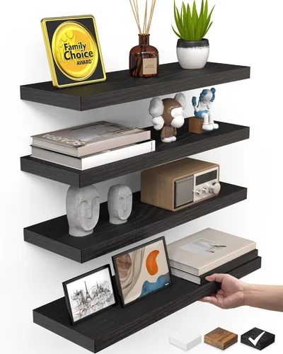 Vista 27 de BAYKA Estantes flotantes para pared, estantes de madera rústica montados en la pared para baño, dormitorio, sala de estar, cocina, estante colgante