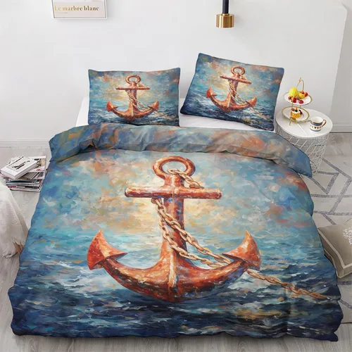 Vista 24 de Funda de edredón de ancla, tamaño individual, juego de cama náutico, 2 piezas, funda de edredón con patrón de microfibra suave con lazos