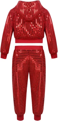 Vista 2 de Manyakai Ropa de hip hop con lentejuelas brillantes para niños y niñas, disfraz de baile callejero con capucha y pantalones, 2 piezas