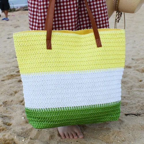 Vista 32 de Bolso grande de paja para mujer, tejido de ratán, bolso de playa de verano, a rayas