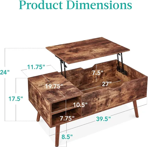 Vista 2 de Best Choice Products Mesa auxiliar elevable, mesa de centro multifuncional de madera de mediados de siglo para sala de estar con almacenamiento