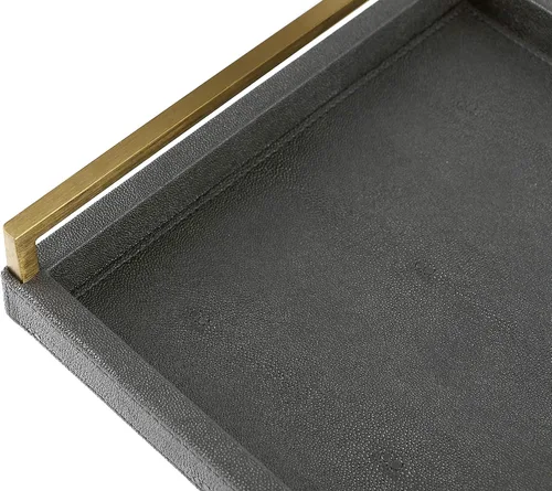 Vista 4 de Bandeja para servir de piel sintética con mango de acero inoxidable cepillado Ti-Gold, con textura de papel rugoso o mármol. Gris Oscuro