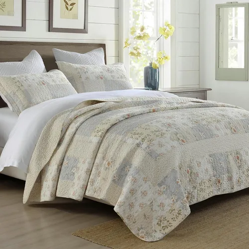 Vista 2 de DDUOXIN - Colcha reversible tamaño King de 100 % algodón, colcha floral a cuadros 120x120 Quilted Bed Spread with 2 Pillow Shams, Farmhouse