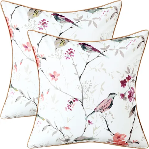 Vista 35 de VOGOL - Funda de almohada texturizada de lino, 18 x 18 pulgadas, estilo granja, para sofá, cama y habitación, con diseño de pájaros y hojas beige