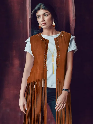 Vista 5 de WILLBOND Conjunto de disfraz hippie de 4 piezas para mujer, chaleco con borlas de gamuza sintética con flecos