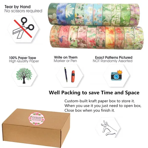 Vista 3 de VIVIQUEN Juego de 20 rollos de cinta washi de flores, 0.591 in de cinta washi floral para diario de viñetas, cintas decorativas de enmascaramiento