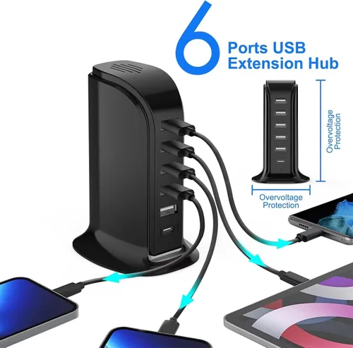 Vista 3 de Estación de carga USB para múltiples dispositivos, torre de carga multipuerto, puerto USB-C compatible con carga rápida PD compatible con iPhone