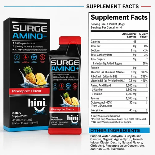 Vista 7 de HINI Surge Amino+ Energy Gel, sabor a piña, 4 paquetes