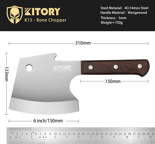 Vista 3 de Kitory Cuchilla de carne, cuchillo de corte de huesos resistente, hoja súper gruesa en forma de hachas de espiga completa, rompe huesos, cuchillo