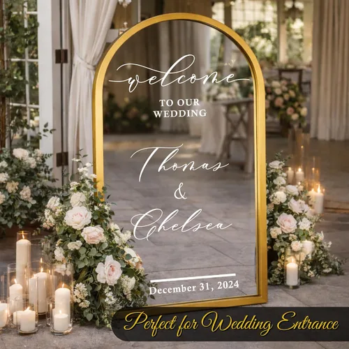 Vista 2 de Calcomanía con texto en inglés "Welcome to Our Wedding Mirror" – Soon to Be Mr & Mrs - Calcomanía de espejo personalizable – Just Married