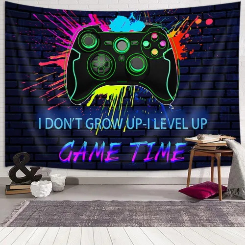 Vista 2 de Viajar Tapiz de juegos para hombre, arte de pared retro de los años 80 para dormitorio de niños, decoración del hogar de dormitorio universitario