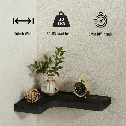 Vista 5 de SAUMONIERES Estantes flotantes de esquina de madera maciza para dormitorio, baño, cocina, almacenamiento, juego de 3, negro, soportes invisibles