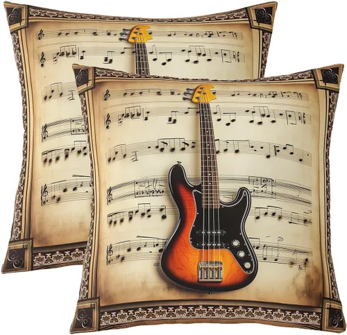 Vista 16 de Guitar Print Double Sides Print Pillow Covers 16"x16",Music Themed Bass Instruments Pillowcase Soft Square Cushion Cases,Rustic Music Score Note