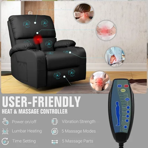 Vista 6 de LEVELEVE Silla reclinable mecedora, silla reclinable de masaje con masaje por vibración y calor, sillas giratorias de piel sintética de 360°, sala