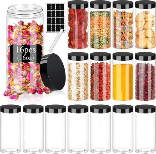 Vista 8 de Hajoyful Tarros de plástico con tapas, 20 frascos de plástico transparente de 14 onzas con tapas herméticas a prueba de fugas, de plástico negro
