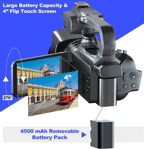 Vista 4 de Acuvar Videocámara 4K/6K – Cámara de vlogging de 64MP para YouTube, 60FPS, zoom 18X, WiFi, cámara web – Incluye micrófono, estabilizador, tarjeta