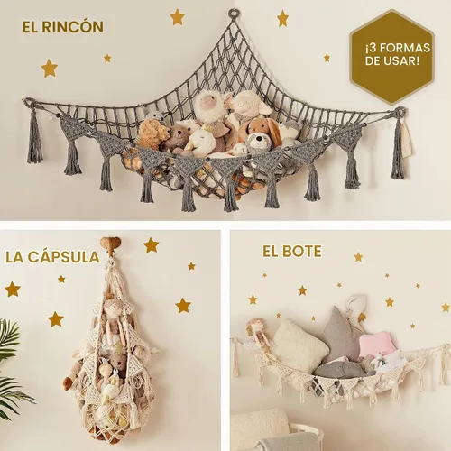 Vista 4 de TIDYTEDS Macramé DreamLights Hamaca de Red de Almacenamiento de Animales de Peluche Boho Extra Grande Soporte de Almacenamiento de Juguetes de Azul