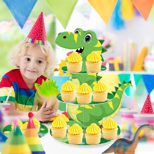 Vista 7 de Soporte de 3 niveles para cupcakes de dinosaurio, decoración de fiesta, soporte para cupcakes de dinosaurio de Anberky con forma de dinosaurio
