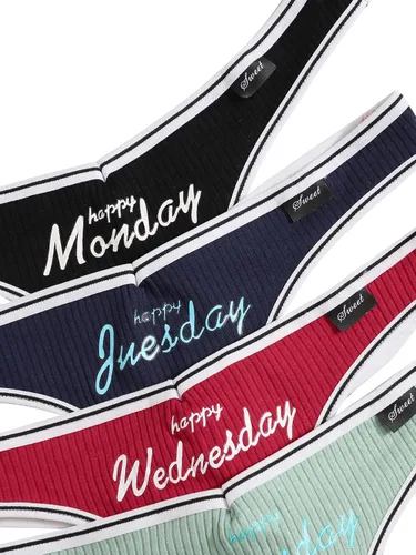 Vista 3 de SweatyRocks Ropa interior para mujer, paquete de 7 tangas de punto acanalado con estampado de letras