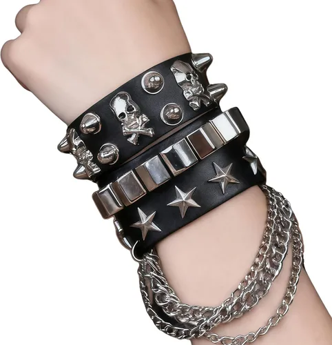 Vista 2 de Juego de 2 pulseras de cadena con tachuelas góticas, punk, calavera, estrella, remache, brazalete de los años 80, Emo Goth Punk Rock, accesorios