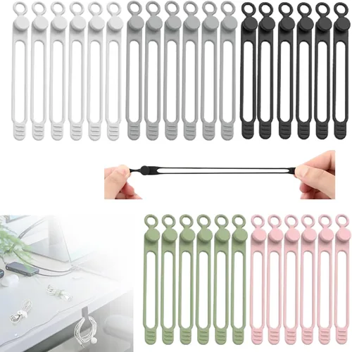 Vista 7 de Organizador de cables de datos, bridas de silicona reutilizables, organizador de cables elásticos multiusos para agrupar y sujetar cables