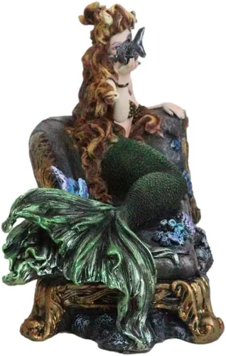 Vista 5 de Ebros Gift Reina de la Atlántida Sirena Sirena con cola iridiscente verde y compañero de pez descansando Oceanic Boudoir Lounge Chair Estatua