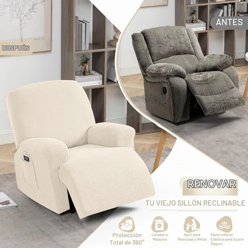 Vista 4 de TAOCOCO Funda reclinable de 4 piezas, funda elástica para sofá reclinable de 4 piezas, funda reclinable con 1 asiento, protector de sofá suave